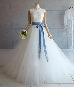 White tulle lace long pom dress, white tulle wedding dress