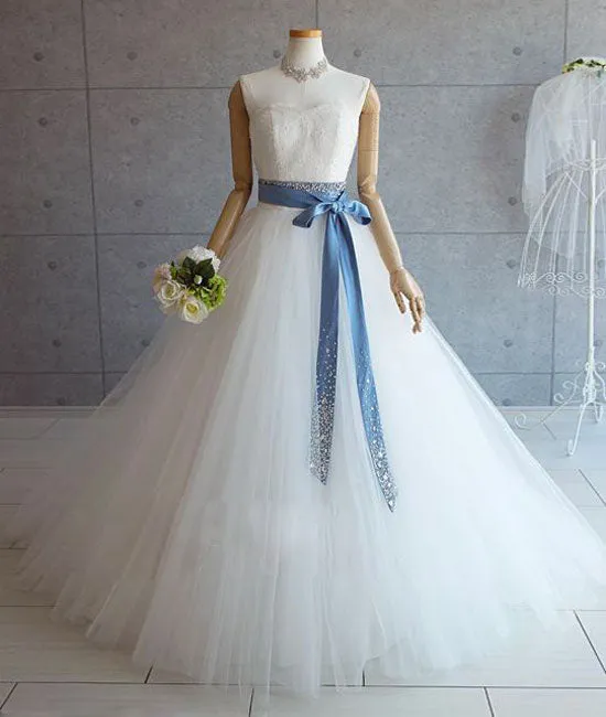 White tulle lace long pom dress, white tulle wedding dress