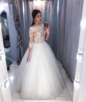 White tulle lace long prom dress, white lace evening dress