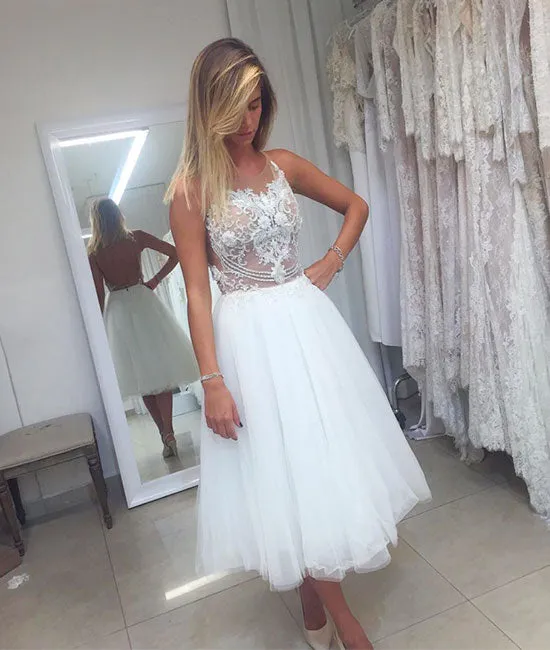 White tulle lace short prom dress, white homecoming dress