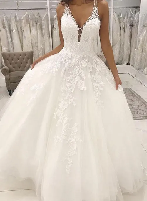 White Tulle Lace V neck Long Bridal Dresses, White Wedding Dress, SW183