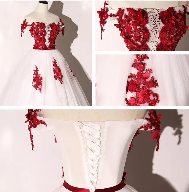 White Tulle Scoop Long Formal Dress with Red Lace, Lovely Red Formal Dress Prom Dress