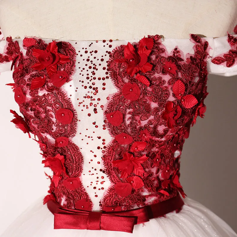 White Tulle Scoop Long Formal Dress with Red Lace, Lovely Red Formal Dress Prom Dress