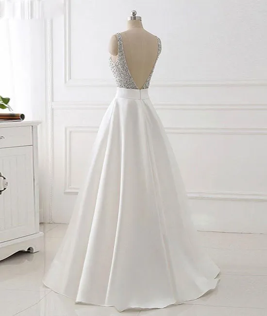 White v neck beads sequin long prom dress, white evening dress
