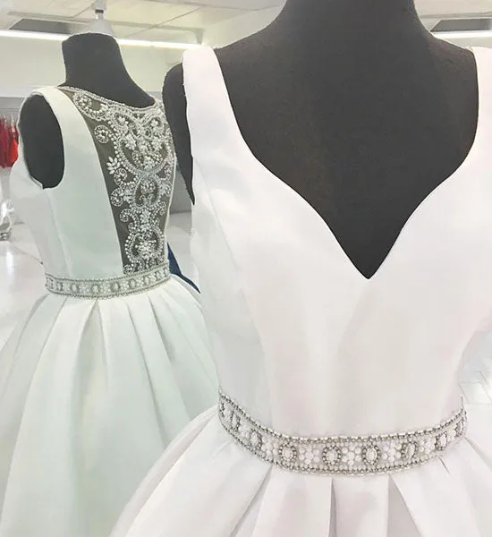 White v neck beads short prom dress, white homecoming dress