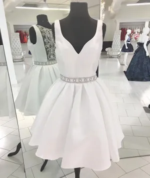 White v neck beads short prom dress, white homecoming dress
