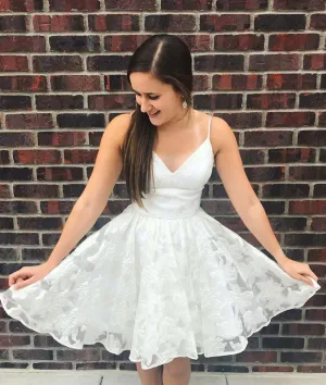 White v neck lace short prom dress, white homecoming dress