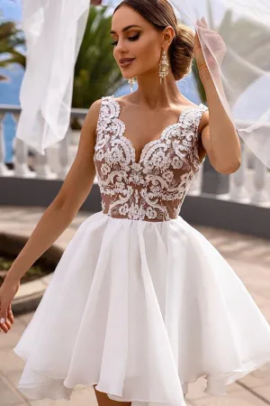 White v neck lace tulle short prom dress white lace cocktail dress