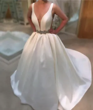 White v neck long prom gown, white wedding dress