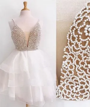 White v neck tulle beads short prom dress, white homecoming dress