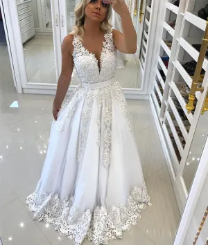 White v neck tulle lace applique long prom dress, white evening dress
