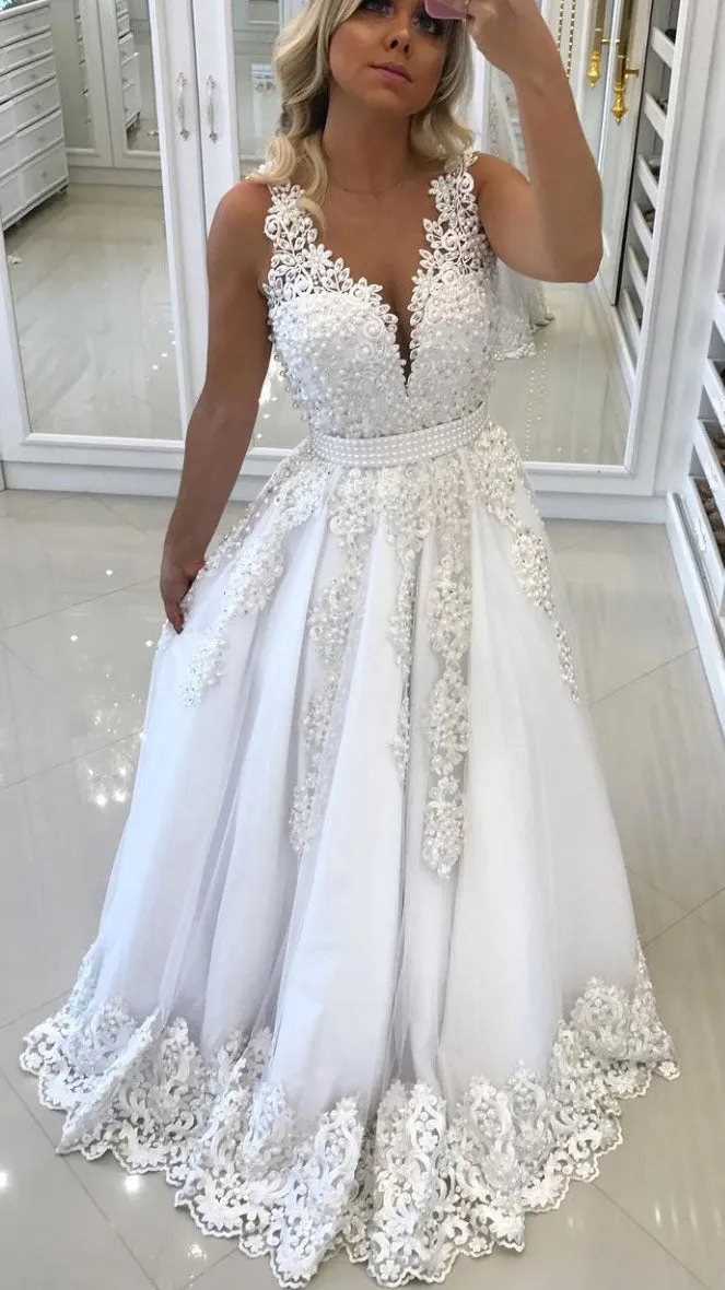 White v neck tulle lace applique long prom dress, white evening dress