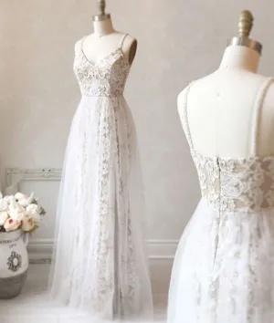 White v neck tulle lace long prom dress, white evening dress