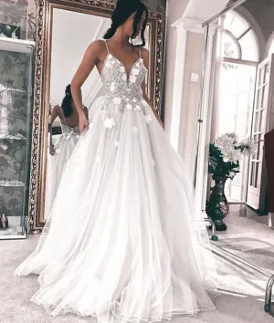 White v neck tulle long prom dress, white evening dress