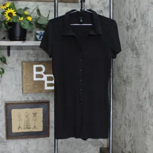 Wild Fable Womens Button Collared Ribbed Knit Romper Black L
