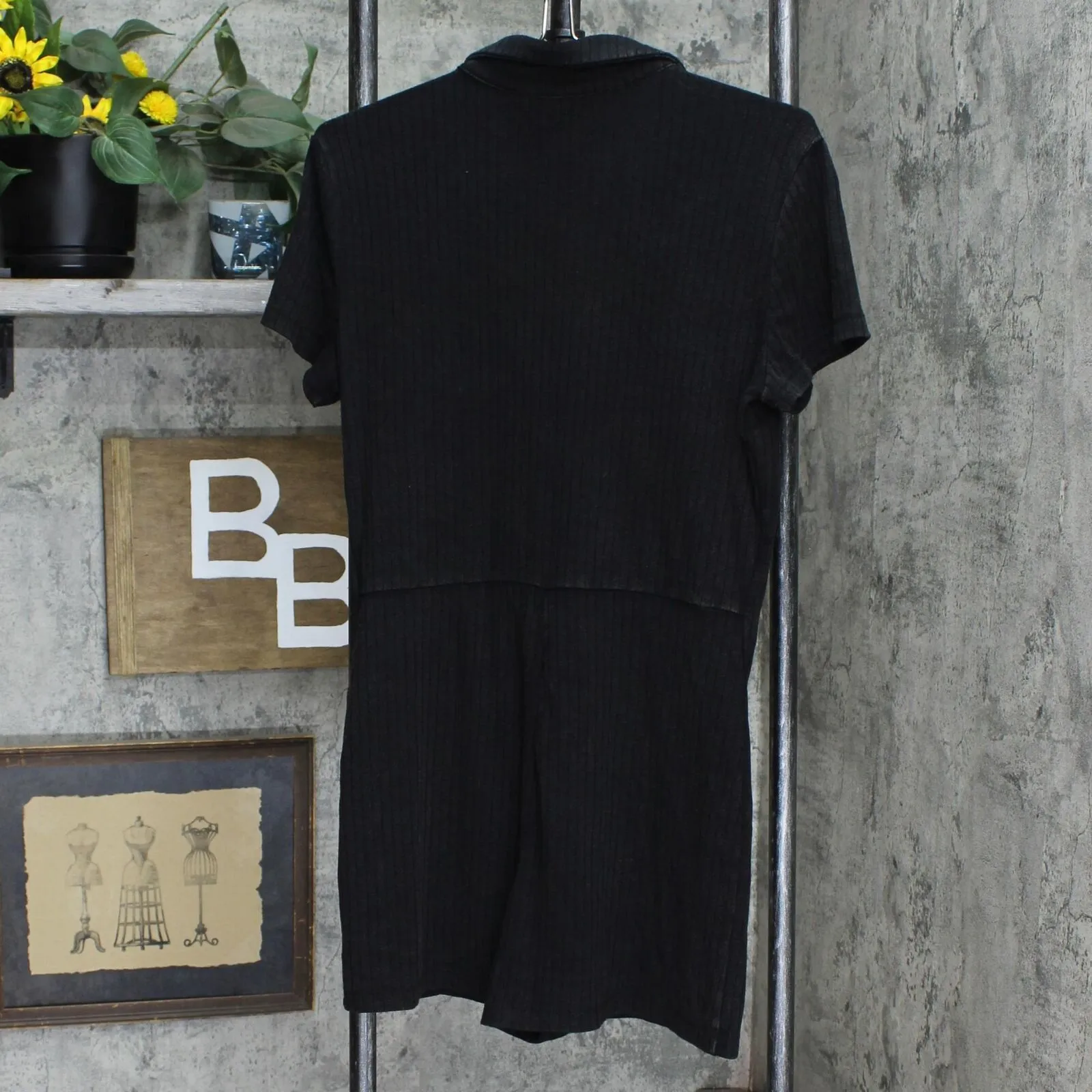 Wild Fable Womens Button Collared Ribbed Knit Romper Black L
