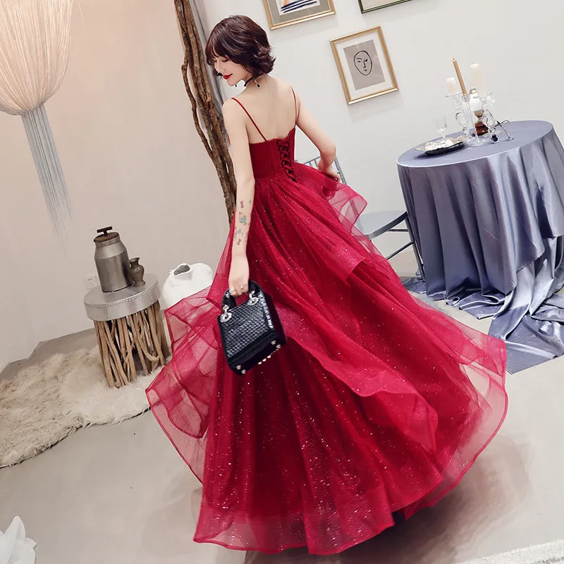 Wine Red A-line Tulle Long New Styles Layers Party Dress Formal Dress, Dark Red Prom Dress