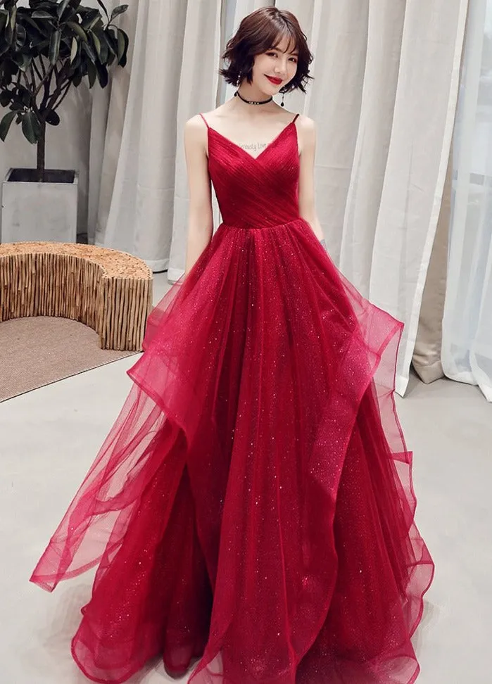 Wine Red A-line Tulle Long New Styles Layers Party Dress Formal Dress, Dark Red Prom Dress