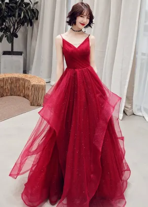 Wine Red A-line Tulle Long New Styles Layers Party Dress Formal Dress, Dark Red Prom Dress