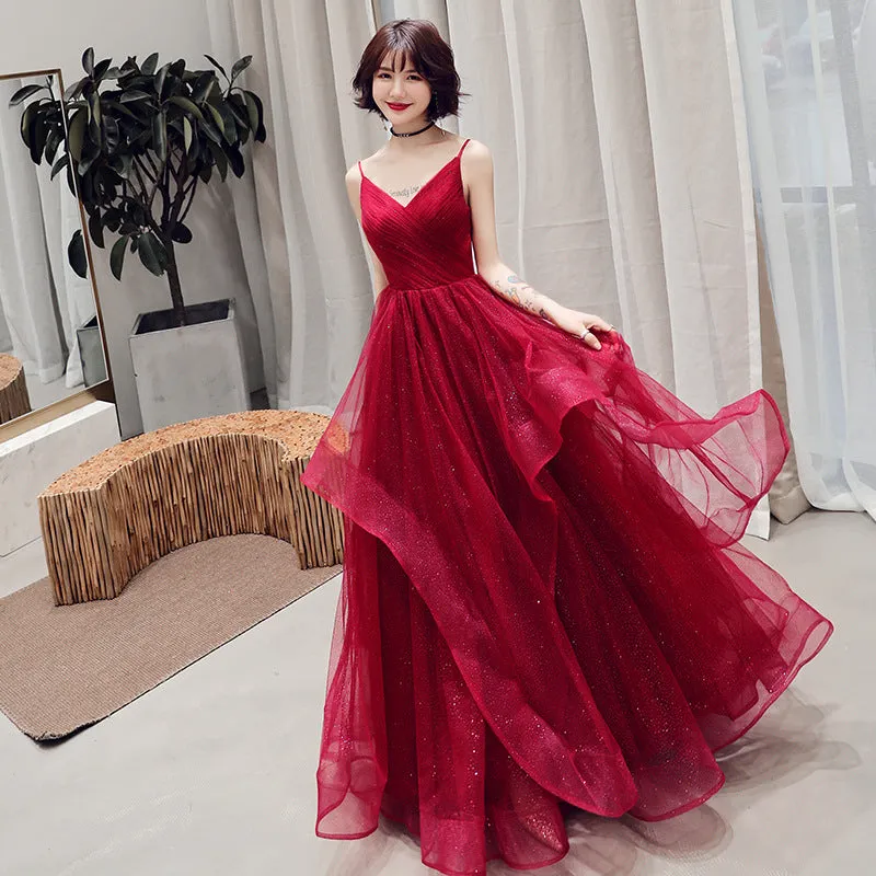 Wine Red A-line Tulle Long New Styles Layers Party Dress Formal Dress, Dark Red Prom Dress