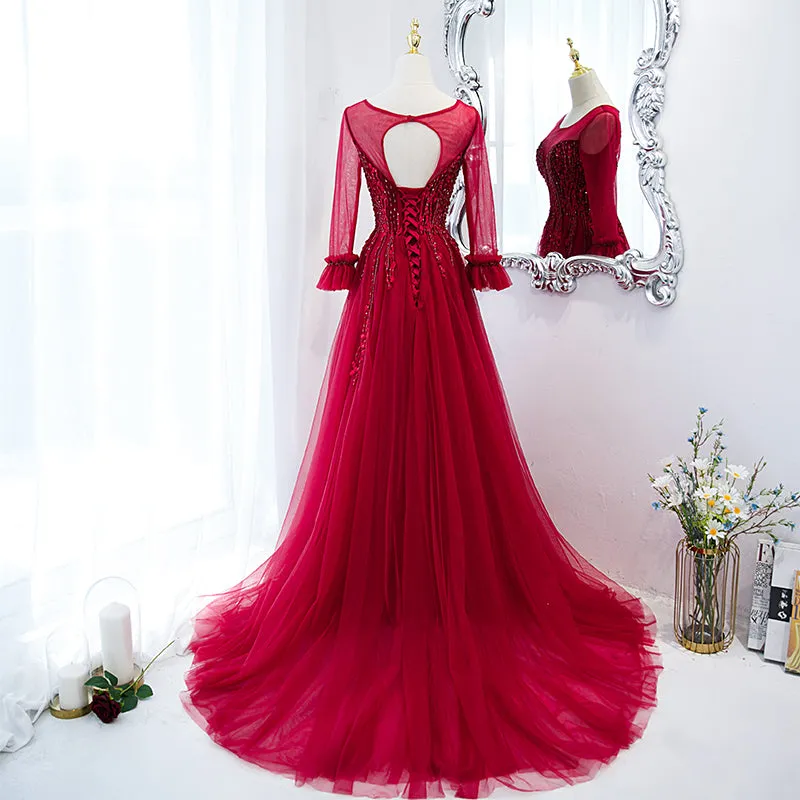 Wine Red Round Neckline Lace Beaded Long Sleeves Party Dress, A-line Wine Red Formal Dress