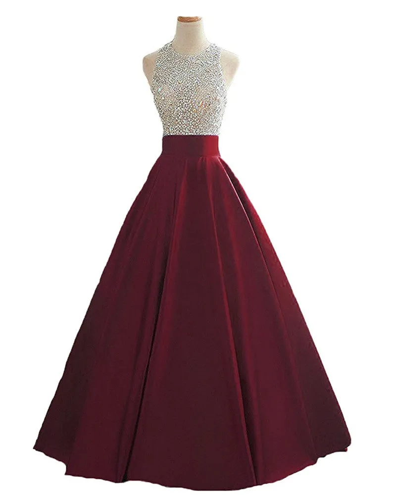 Wine Red Sequins and Beaded Backless Satin Formal Gown, Handmade Party Dress