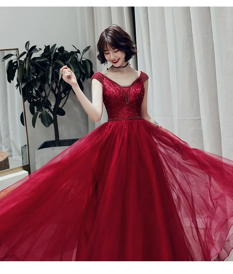 Wine Red Sexy V-neck Beaded Tulle Long Prom Dress, Dark Red Tulle With Applique Evening Dresses
