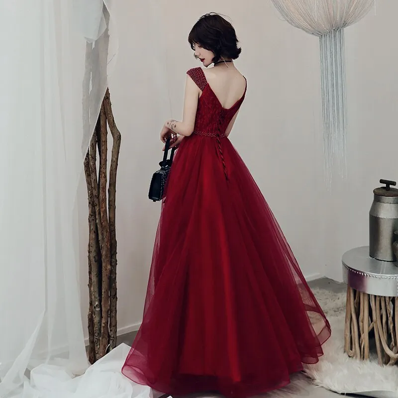 Wine Red Sexy V-neck Beaded Tulle Long Prom Dress, Dark Red Tulle With Applique Evening Dresses