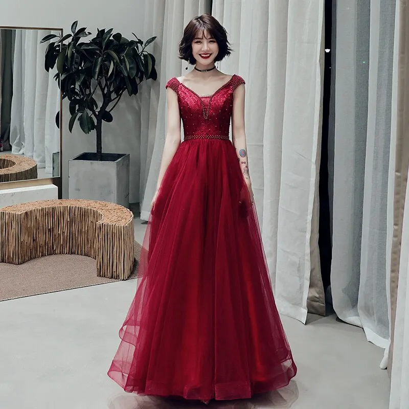 Wine Red Sexy V-neck Beaded Tulle Long Prom Dress, Dark Red Tulle With Applique Evening Dresses