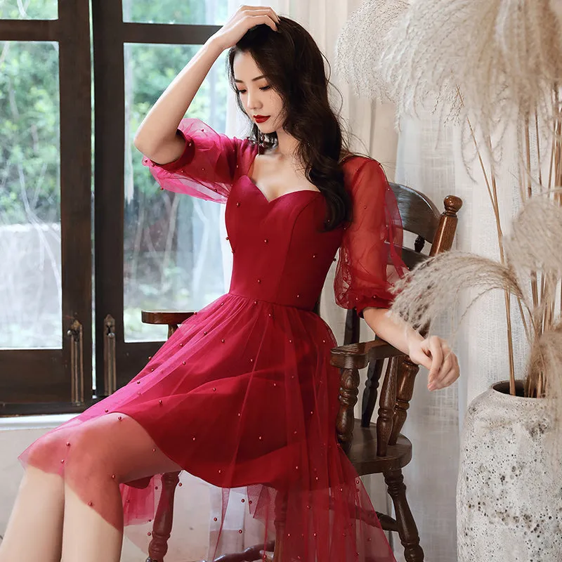 Wine Red Short Sleeves Homecoming Dress, Dark Red Short Formal Dress
