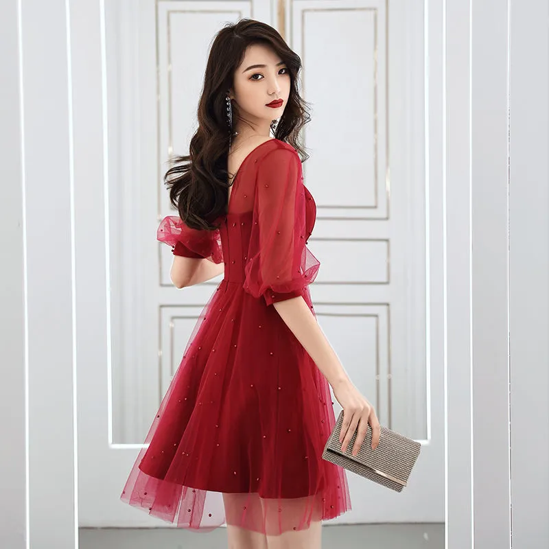 Wine Red Short Sleeves Homecoming Dress, Dark Red Short Formal Dress