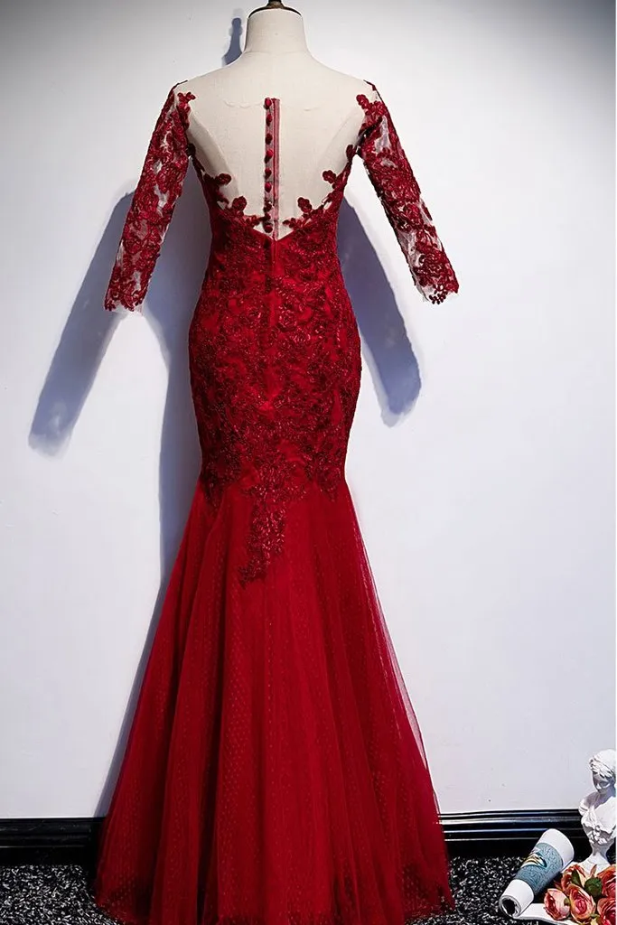 Wine Red Tulle Lace Round Neck Floor length Mermaid Prom Dress, Long Sleeves Evening Dress