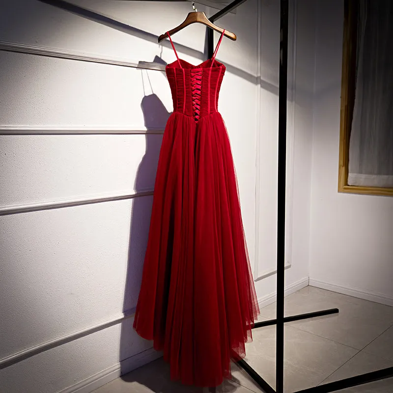 Wine Red Tulle Straps Long Sweetheart Party Dresses Formal Dresses, A-line Dark Red Evening Dresses