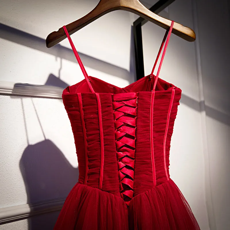Wine Red Tulle Straps Long Sweetheart Party Dresses Formal Dresses, A-line Dark Red Evening Dresses