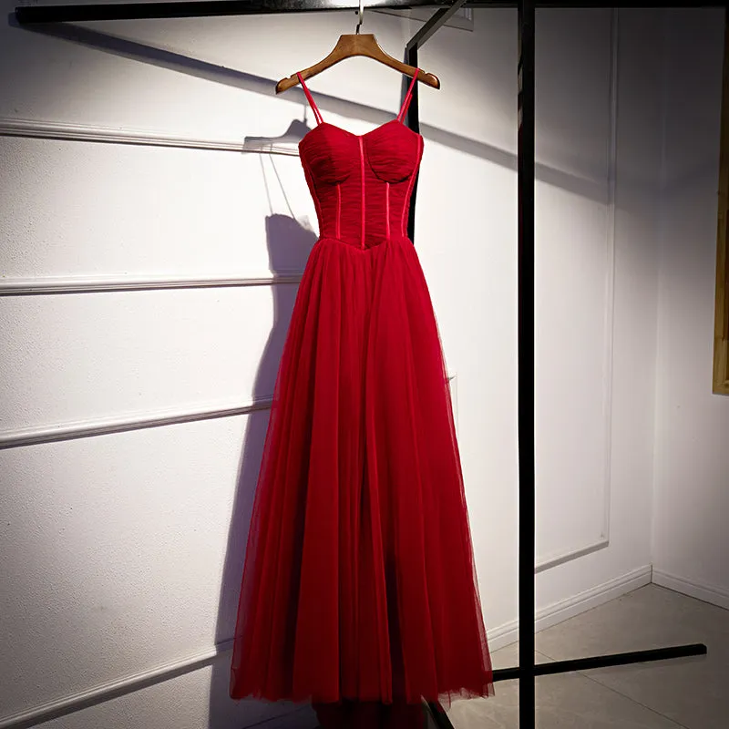 Wine Red Tulle Straps Long Sweetheart Party Dresses Formal Dresses, A-line Dark Red Evening Dresses