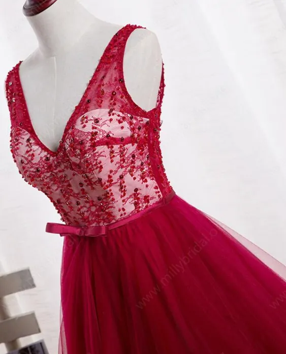 Wine Red Tulle V-neckline Floor Length Formal Gowns, Tulle Party Dress, Formal Gowns