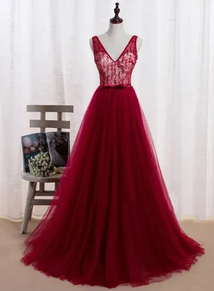 Wine Red Tulle V-neckline Floor Length Formal Gowns, Tulle Party Dress, Formal Gowns