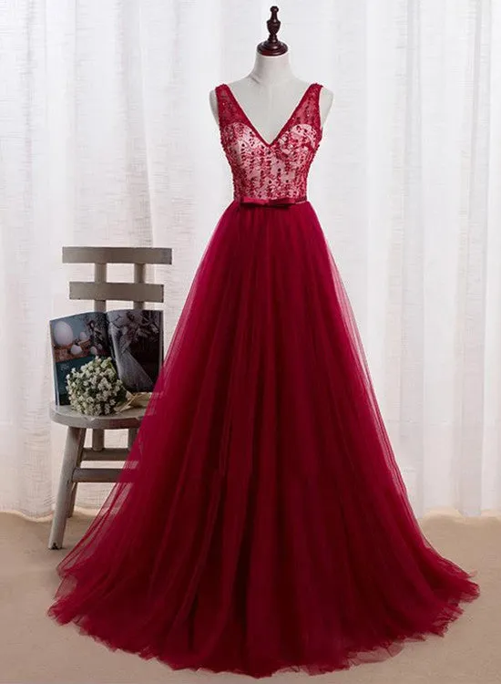 Wine Red Tulle V-neckline Floor Length Formal Gowns, Tulle Party Dress, Formal Gowns