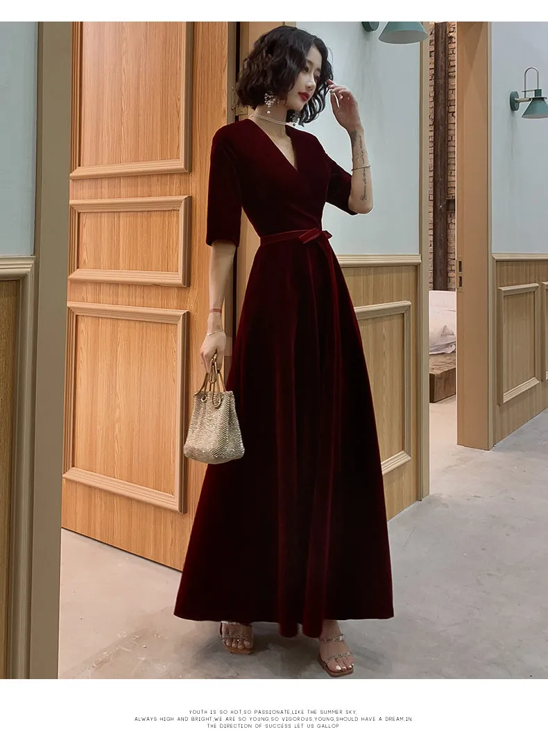 Wine Red Velvet Short Sleeves V-neckline Simple Wedding Party Dress, Wine Red Bridesmaid Dress