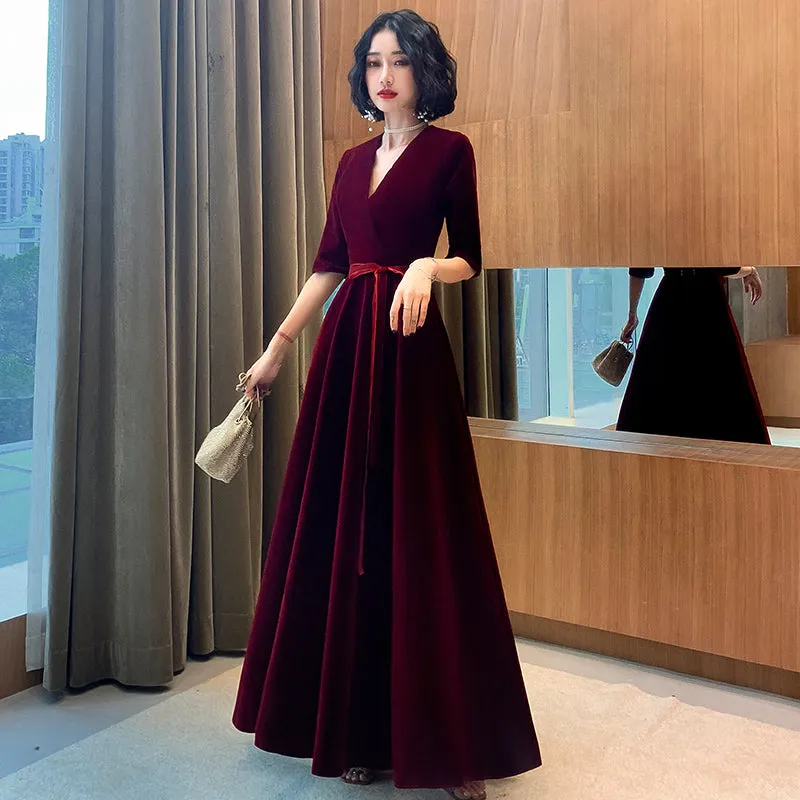 Wine Red Velvet Short Sleeves V-neckline Simple Wedding Party Dress, Wine Red Bridesmaid Dress