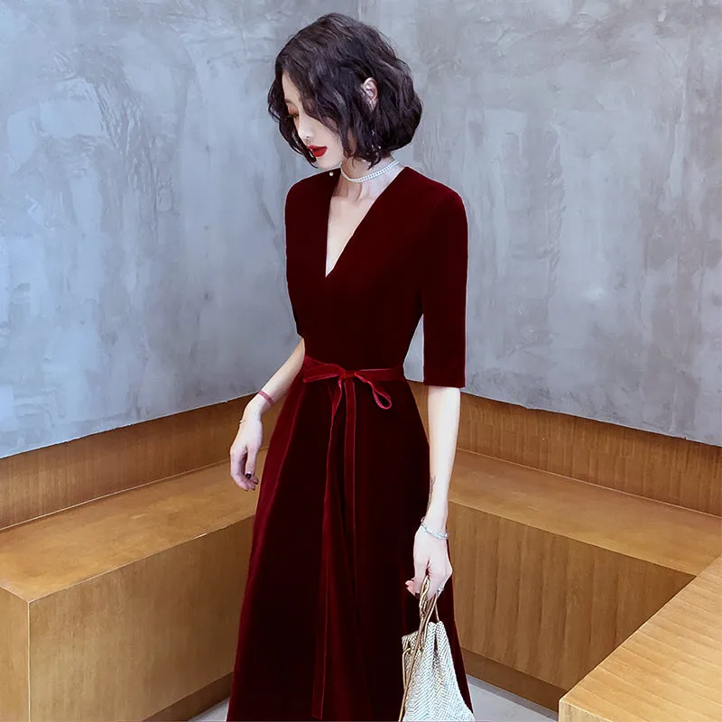 Wine Red Velvet Short Sleeves V-neckline Simple Wedding Party Dress, Wine Red Bridesmaid Dress