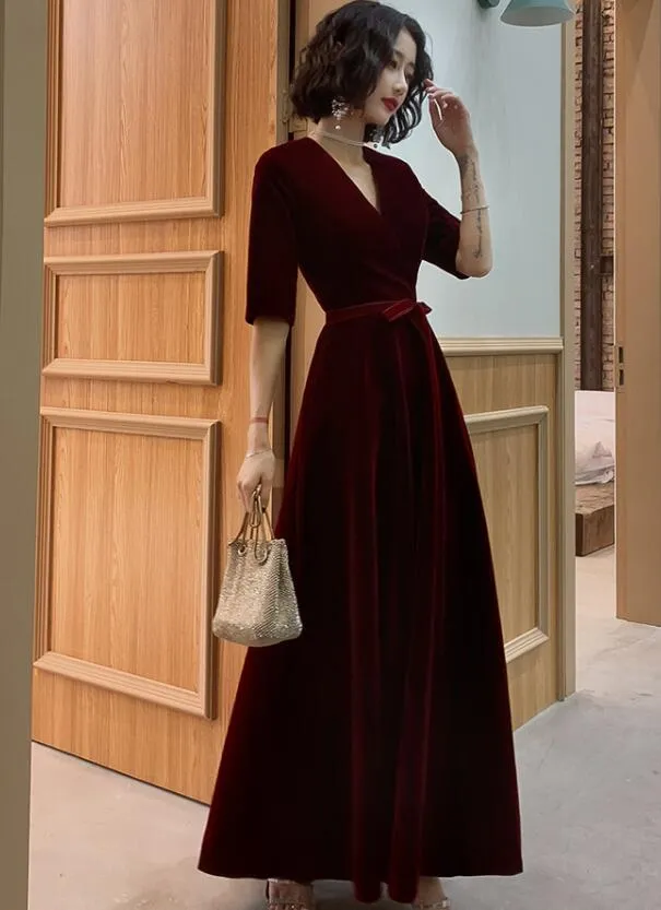 Wine Red Velvet Short Sleeves V-neckline Simple Wedding Party Dress, Wine Red Bridesmaid Dress