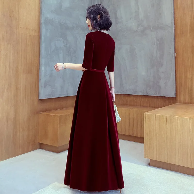 Wine Red Velvet Short Sleeves V-neckline Simple Wedding Party Dress, Wine Red Bridesmaid Dress