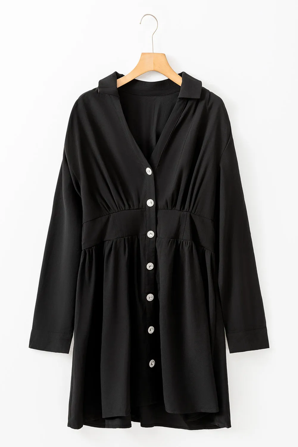 Womens Black Elastic Cinched High Waist Long Sleeve Shirt Mini Dress
