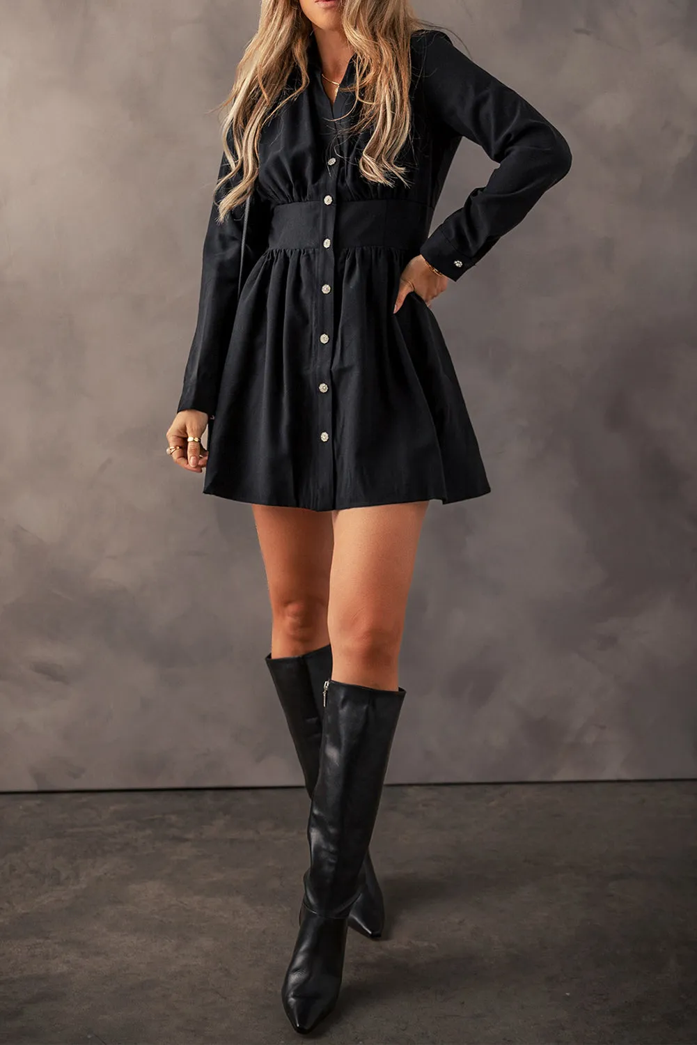 Womens Black Elastic Cinched High Waist Long Sleeve Shirt Mini Dress