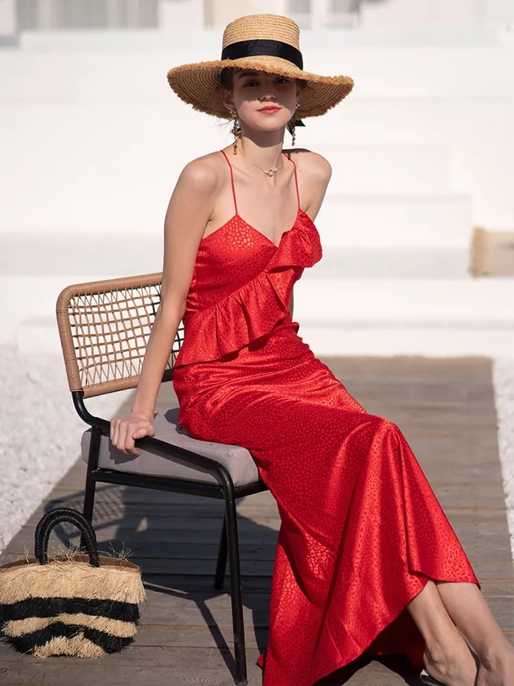 Women's summer lotus leaf large open back long dress