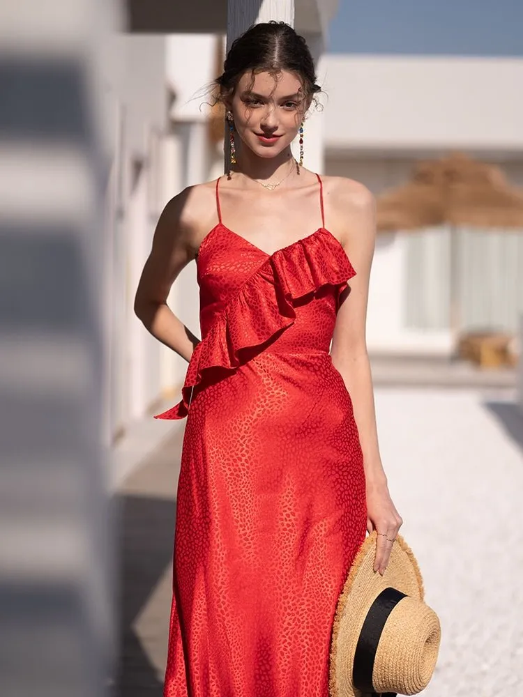 Women's summer lotus leaf large open back long dress