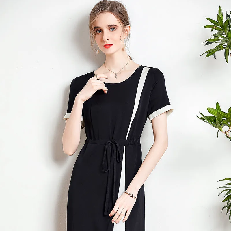 Women's Summer Silk Dress Waist Contrast Color Mid-length Dress