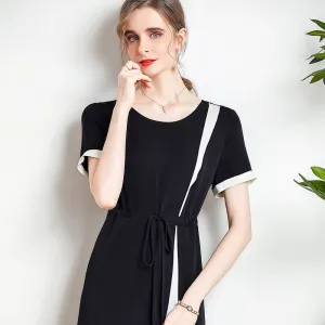Women's Summer Silk Dress Waist Contrast Color Mid-length Dress