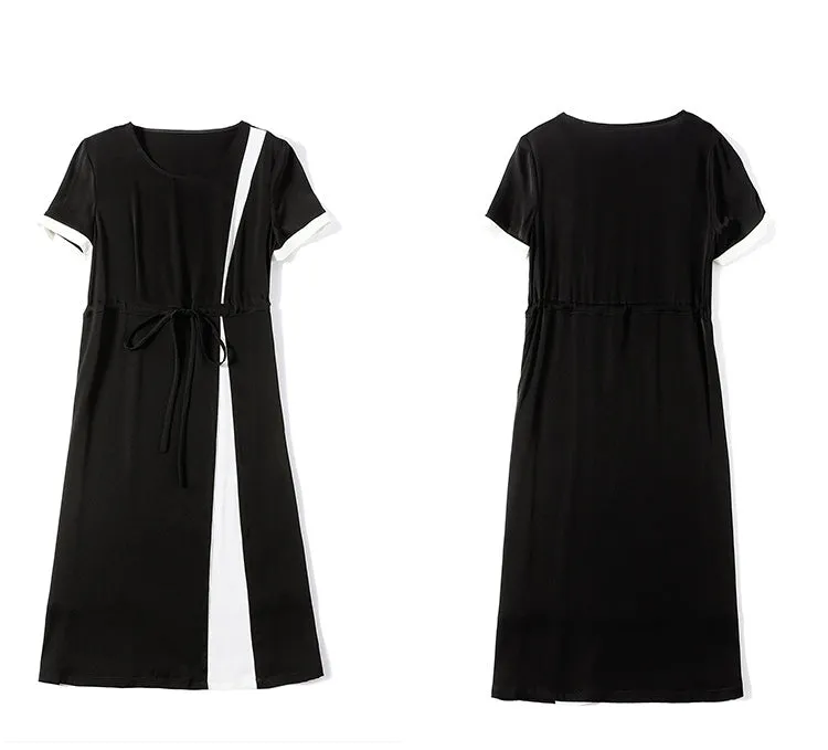 Women's Summer Silk Dress Waist Contrast Color Mid-length Dress